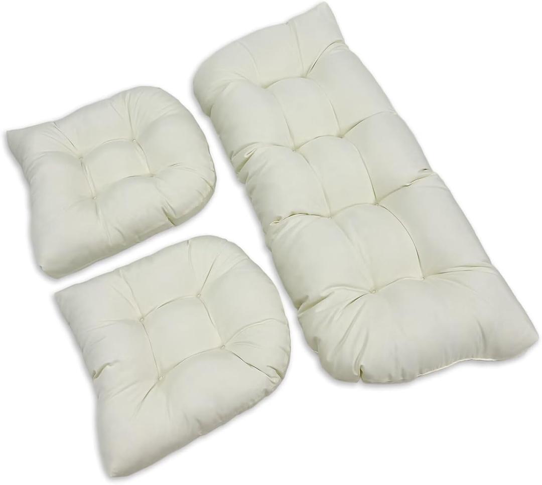 Wicker Chair Cushions, 3 Pieces Indoor Outdoor All Weather Waterproof Tufted Wicker Chair Cushions, 1 Loveseat and 2 U-Shape Cushions for Patio Furniture,Beige
