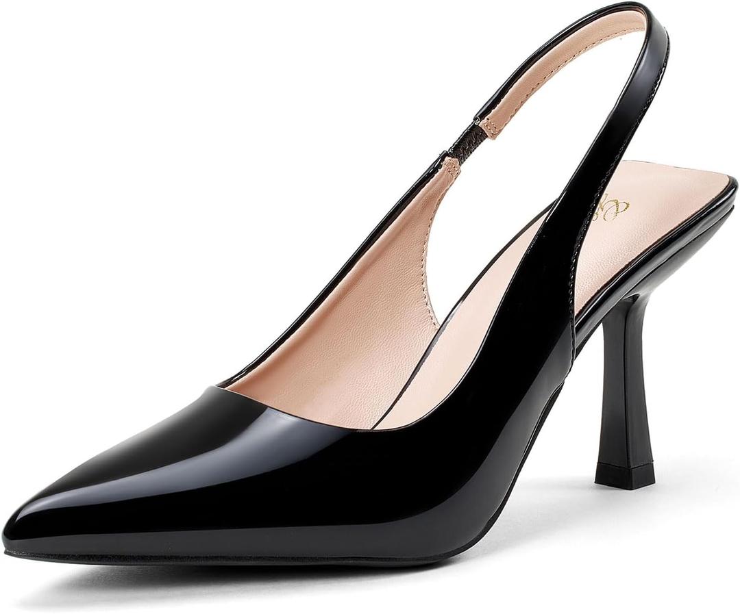 GENSHUO Slingback Kitten Heels for Women Pumps Closed Pointed Toe 3 Inch Low Heel Dress Shoes Comfortable Sexy Slip On Wedding Work Party Pumps (8.5, Patent Black)