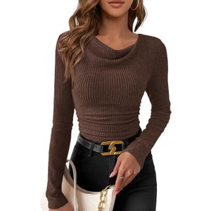 PRETTYGARDEN Women's Long Sleeve Cowl Neck Ribbed Knit Spring Shirts Slim Fit Ruched Going Out Crop Tops Basic T-Shirts (XX-Large, Brown)