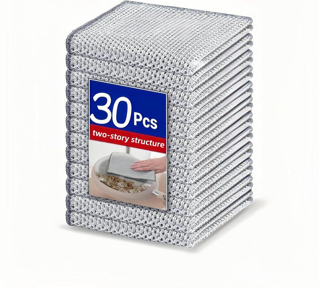 30pcs Non-Scratch Steel Wire Dishcloths, Reusable Multipurpose Wire Dishwashing Rags, Heavy Duty Stainless Steel Scrubber Cloths for Kitchen Cleaning, Dishes, Sinks, Non-Stick Pans and Cookware