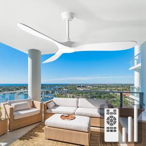 60 Inch Ceiling Fans with Lights and Remote, Wood Outdoor Ceiling Fan with 6 Speed Noiseless DC Motor, Indoor Modern 3 Blade Propeller Ceiling Fan for Bedroom Living Room Gazebo Patio (White)