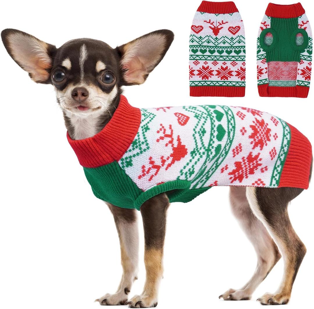 Yternal Christmas Dog Sweater with Leash Hole, Cozy Knit Holiday Pullover for Small Medium Large Dogs, Cute Winter Holiday Coat, Warm Festive Reindeer Snowflake Xmas Jumper Red S