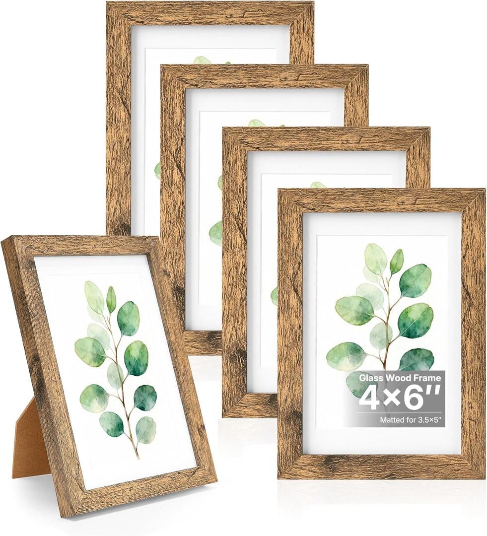 HOUSE DAY Wood 4x6 picture frame, Wooden Picture Frames 4x6 Frame with Real Glass, Rustic 4 x 6 Picture Frame for Wall or Tabletop, Display Picture 4x 6 with Mat or 3.5x5 Without Mat (5 Brown)