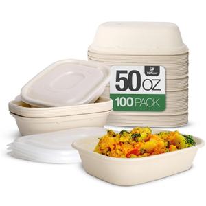 100 Pack 50 Oz Large Paper Bowls with Lids, Heavy Duty Compostable Paper Bowls for Party, Disposable Bowls Bulk Leakproof and Microwave Safe for Hot/Cold Use (50 Oz)