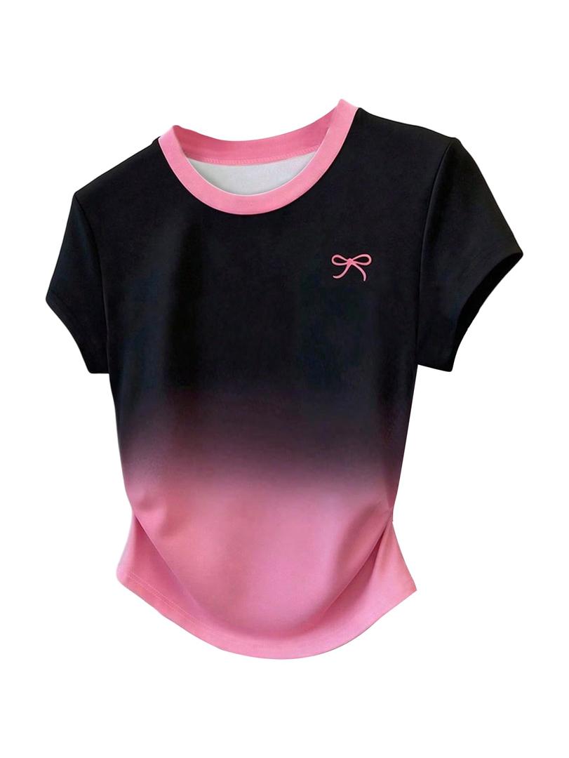 SOLY HUX Women's Short Sleeve Cute Summer Graphic T Shirts Ombre Bow Tees Aesthetic Tops Pink and Black Small
