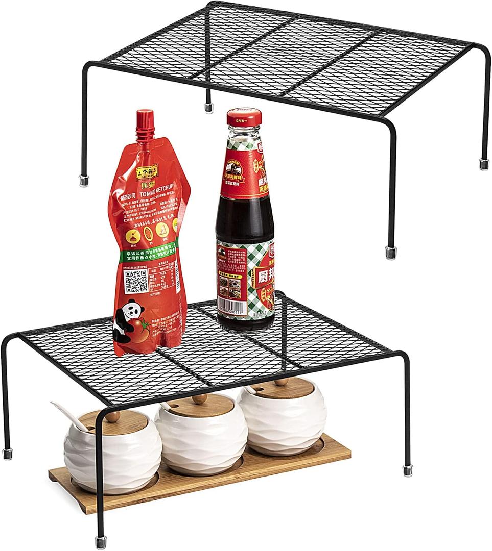 Lonian Kitchen Cupboard Organiser [ 2 Pack ], Home and Kitchen Storage Shelf Wire Rack for Kitchen Cabinets, Counter-Tops, Pantries, Food and Utensils (Black)