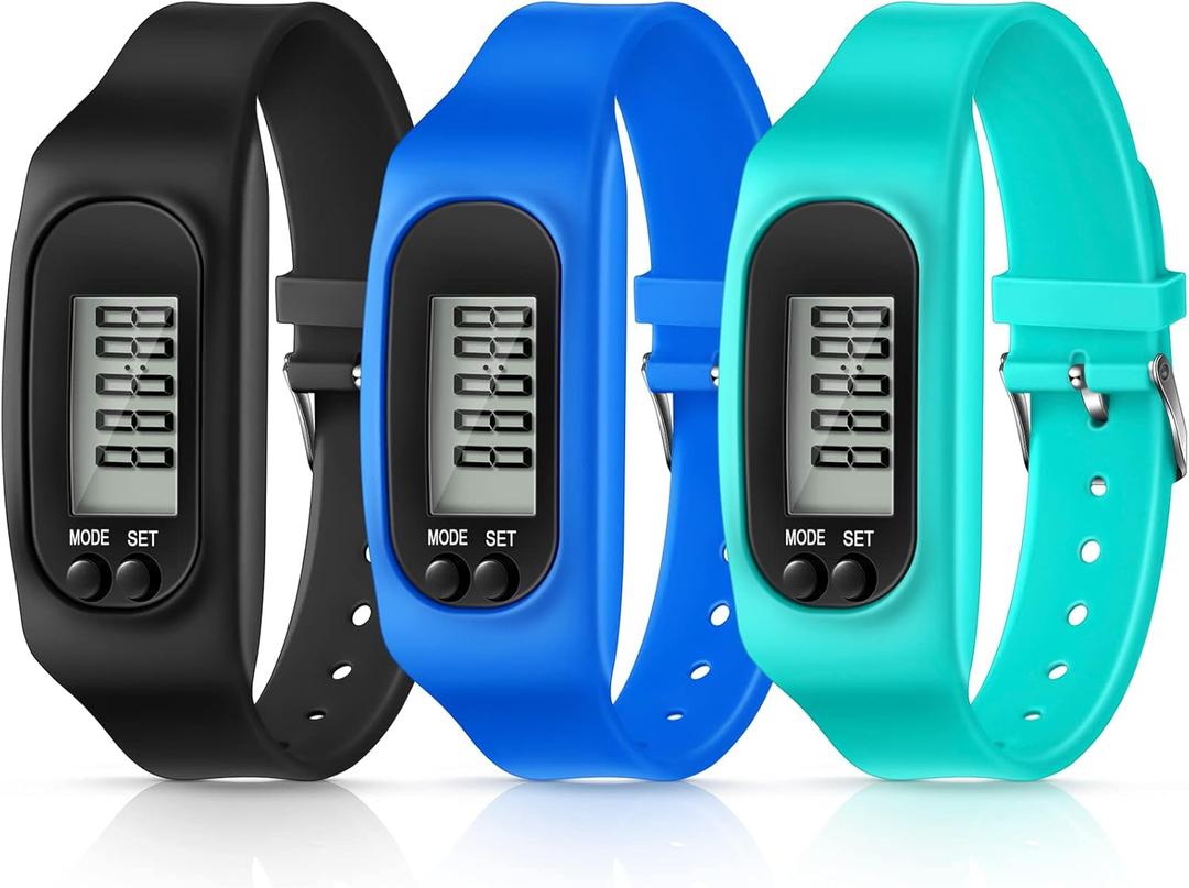 Silicone Fitness Tracker Watch 3 Pcs Walking Running Pedometer Calorie Burning and Step Counting Bracelet Steps Pedometer Watch for Walking Men Women Kids (Mint Green, Sky Blue, Black)