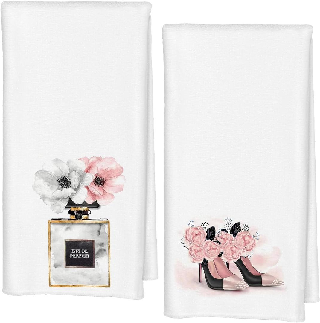 Pink Perfume Flowery High Heels Decorative Bathroom Hand Towels Set of 2, Trendy Pink Aesthetic Hand Towels for Girls Bathroom Washroom Decor,Kitchen 16x24 Inch