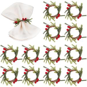Napkin Rings Set of 12, Rustic Napkin Ring Serviette Holders Handmade Red Berry Table Decorations for Wedding Christmas Thanksgiving New Year Valentine's Banquet Birthday Party Style B