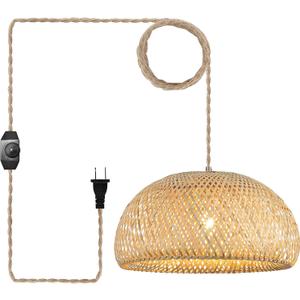 Bamboo Large Plug in Pendant Light with 14ft Handmade Woven Light Cord, Dimmable Switch, Rustic Basket Hanging Lamp for Bedroom Kitchen Island Farmhouse Dining Room Living Room,17.8 inch Width