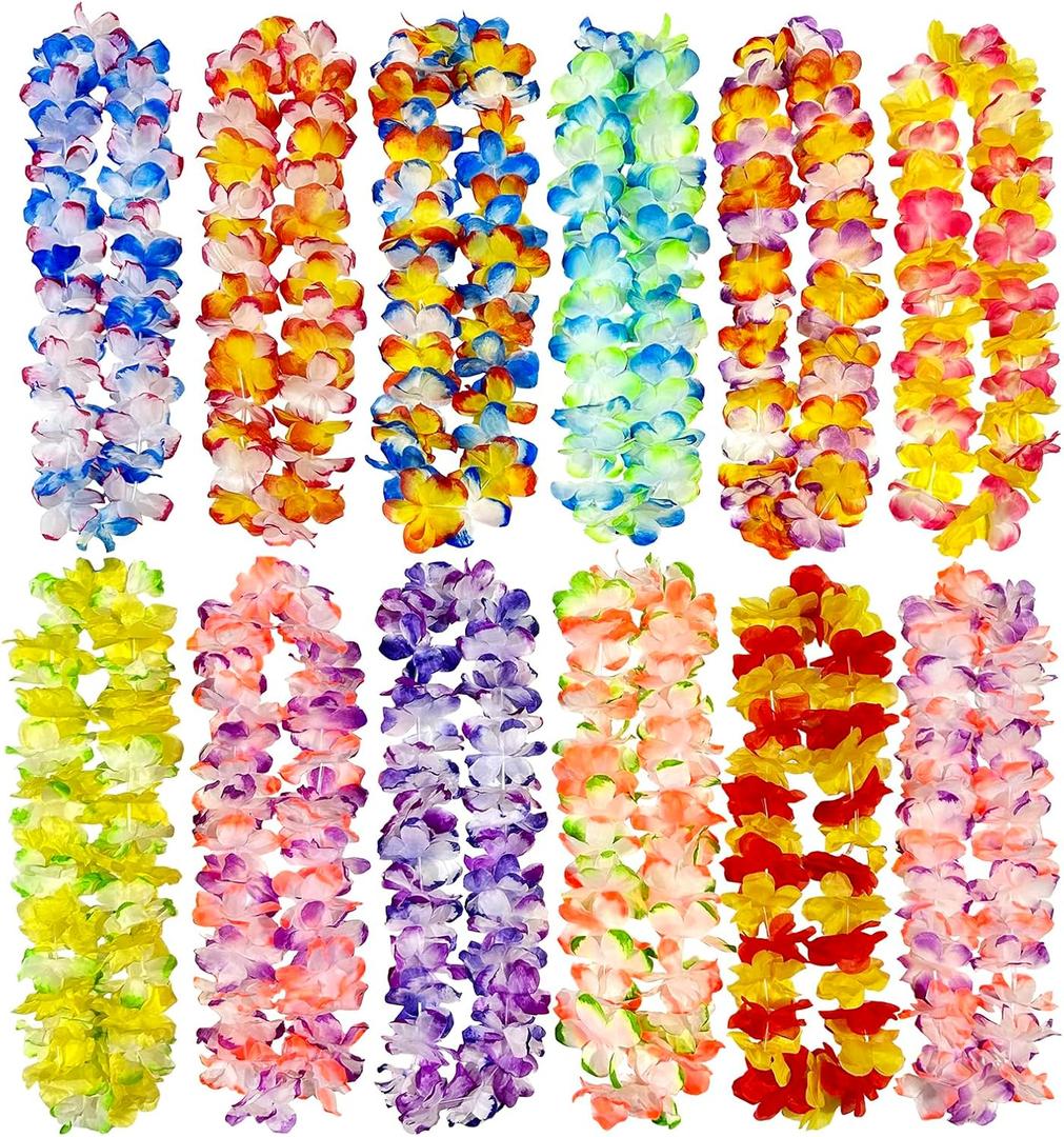FreshDear 12 Counts Hawaiian Leis Bulk,leis for luau party,hawaiian leis for adults,beach party favors for adults,Summer Beach Vacation,Theme Party Decorations