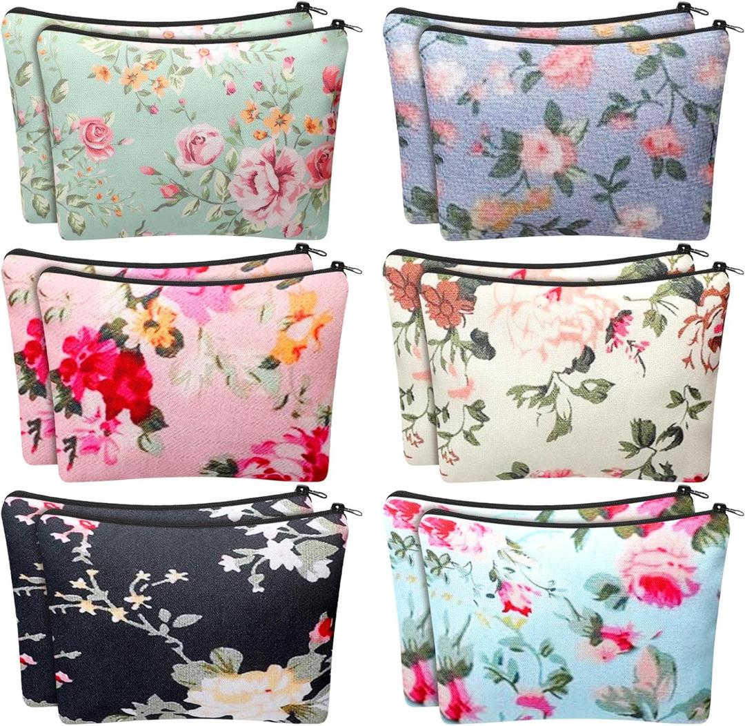 Sanwuta 12 Pcs Vintage Floral Cosmetic Bags Flower Canvas Makeup Bags Bulk Zipper Portable Botanical Floral Travel Toiletry Spring Birthday International Women's Day Gifts for Women Girls Mom Friend