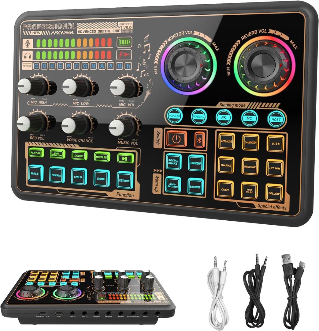 Sound Effects Board, Audio Interface with Voice Changer and LED Lights, Live Sound Board for PC Phone Microphone, Audio Mixer for Karaoke, Streaming, Recording, Gaming