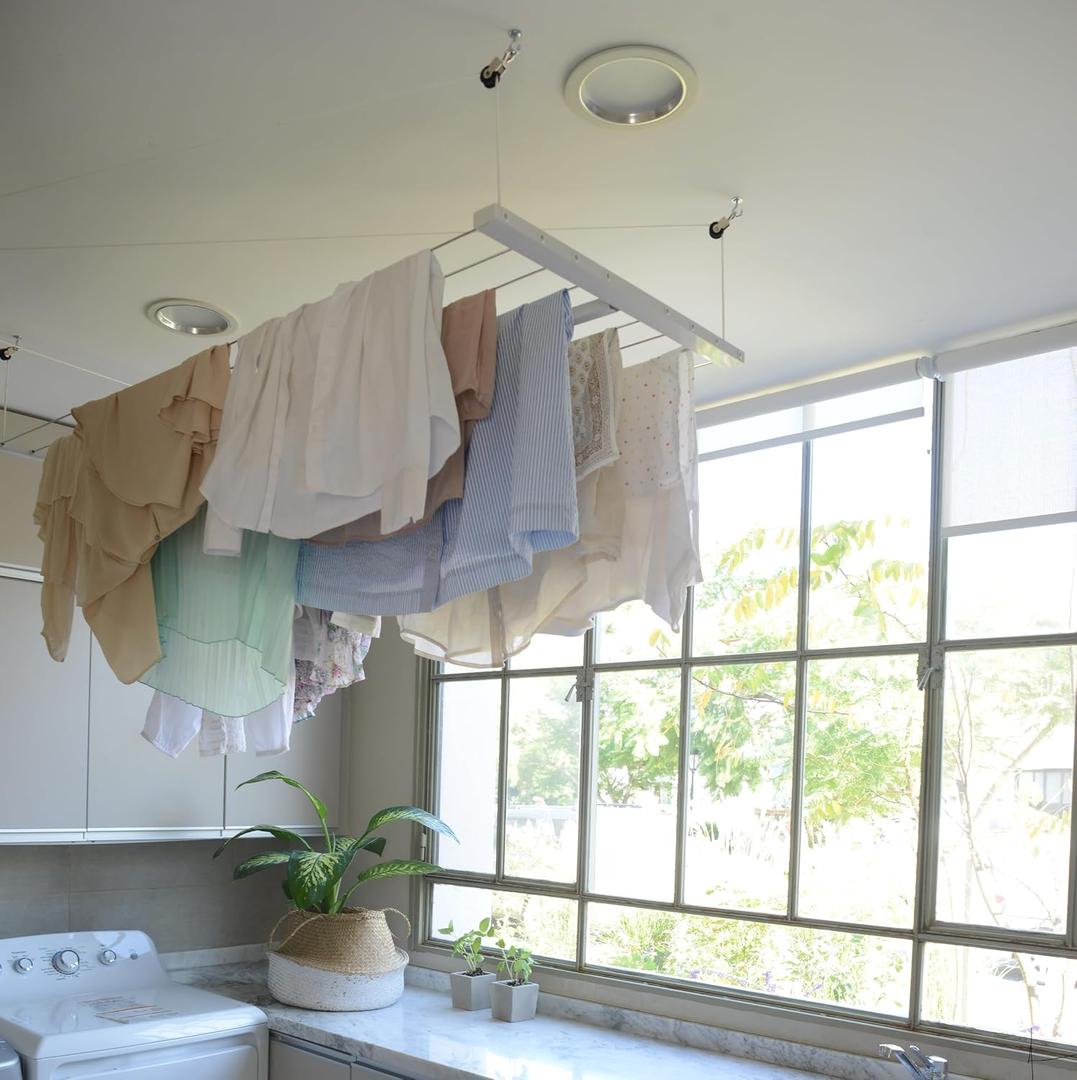 Compact Ceiling Drying Rack with Pulley System Ideal for Small Laundry Rooms and Apartments Aluminum Build (39.5" x 23.6")