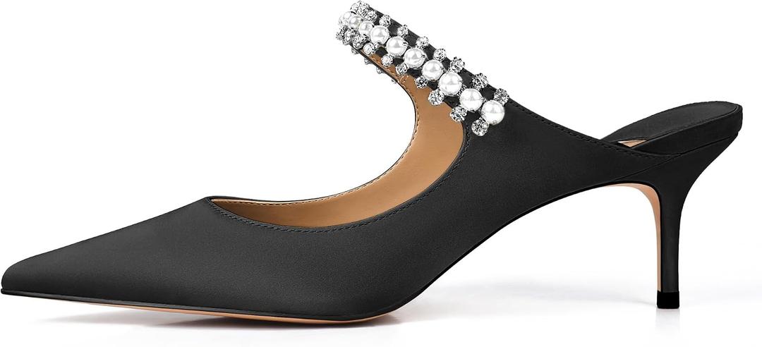XINIUNIU Heeled Mules for Women Rhinestone Heels Pointed Toe Slip On 2.5 Inch Kitten Stiletto Closed Toe Sandals Dress Wedding Pump Shoes, Size 7,5