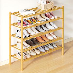 Smiry Bamboo Shoe Rack for Closet, 5 Tier Long Wooden Shoe Organizer, Stackable Wood Shoe Storage Shelf for Entryway, 14 Vertical Slats, 2+3 Stack Heavy-Duty Legs, 33.86"x11.02"x31.3", Natural