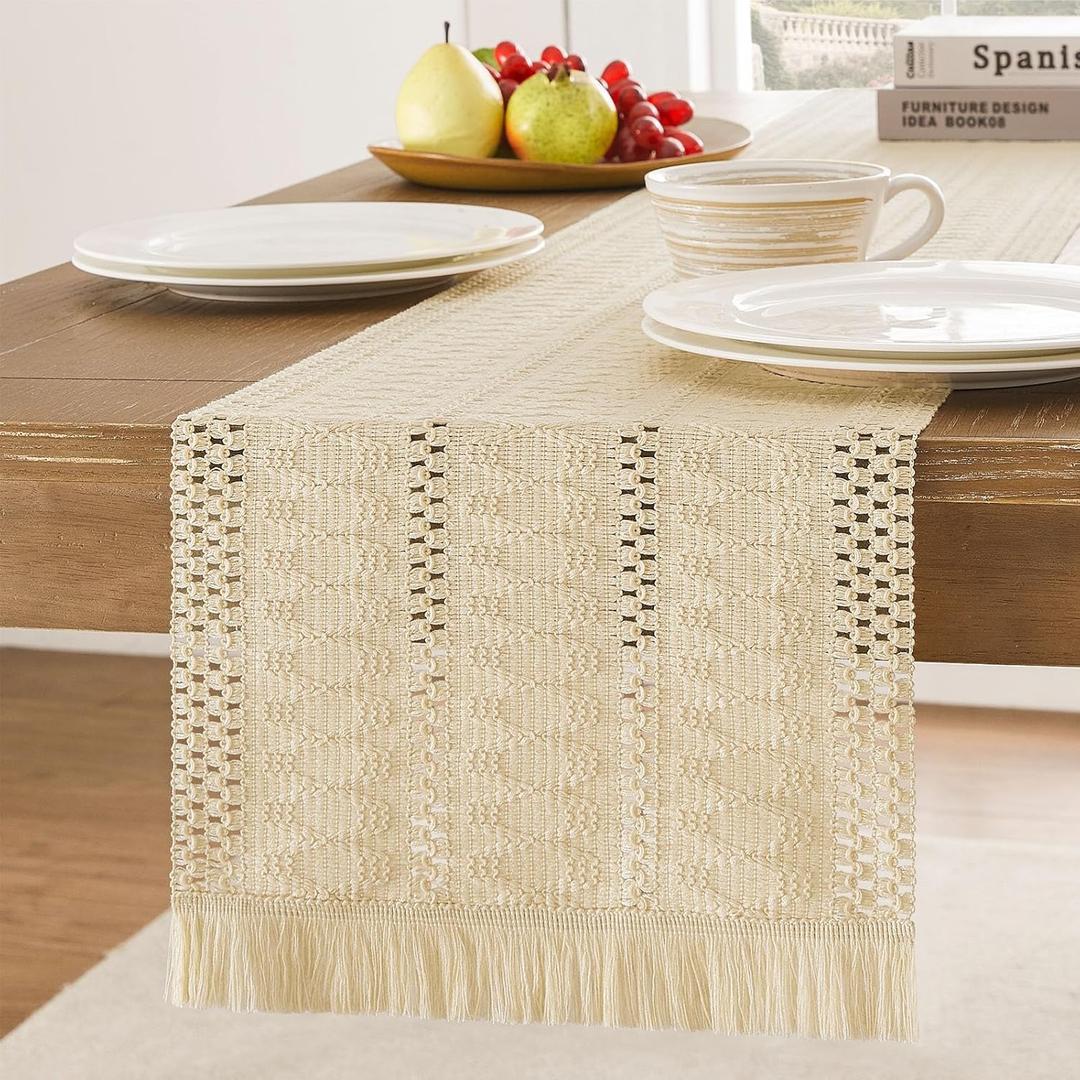 ZeeMart Macrame Style Table Runner with Short Tassels, 12x60 Inch Beige, Farmhouse Table Runners 60 Inches Long, Boho Woven Home Decor