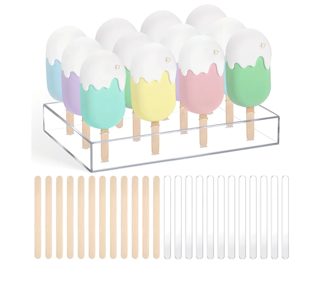Gejoy Cakesicle Stand Display 12 Holes Acrylic Cake Pop Stand with 12 Pcs Reusable Acrylic Sticks and 50 Pcs Wooden Sticks Clear Ice Holder for Dessert Table Birthday Wedding