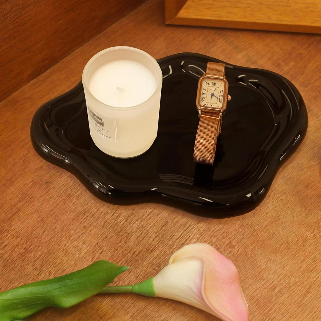 Ceramic Jewelry Tray Trinket Dish, Decorative Cloud Vanity Key Tray for Women, Ring Holder Dish, Cute Jewelry Plate Bowl Room Decor Aesthetic, Black, Large (10.2" x 6.3" x 0.6")