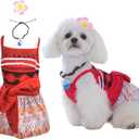 Dog Ocean Princess Dress with Hair Bow and Necklace,Pet Halloween Hawaiian Costumes Outfit for Small Medium Dogs Girl,Summer Cat Beach Dresses Swimsuit Clothes Red, S