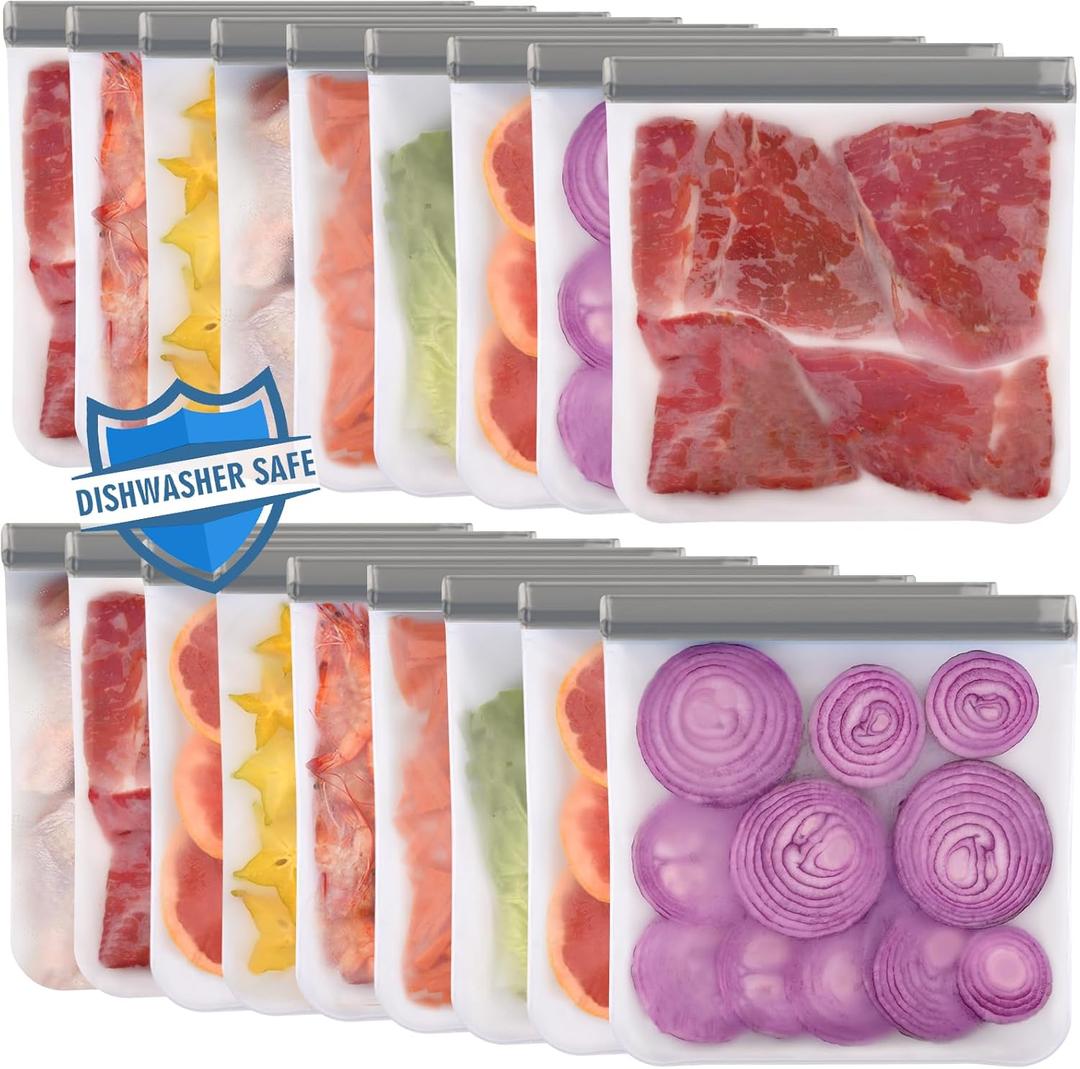 Lerine 18 Pack Reusable Gallon Freezer Bags Dishwasher Safe, BPA Free Reusable freezer Bags 1 Gallon, Extra Thick Leakproof Food Storage Bags for Meal Prep, Fridge Kitchen Organization (Gray)