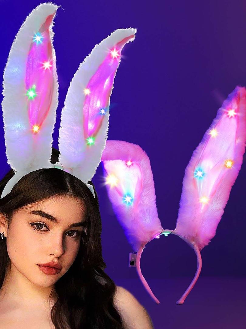 Light Up Bunny Ears Headbands Led Glow Hair Hoop Luminous Rabbit Ears Hair Bands Furry Bunny Headpiece for Women (White Pink)