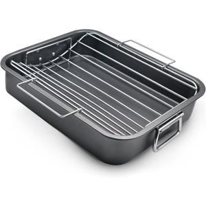 Roasting Pan With Rack 11" x 15" - Non Stick Large Roaster Pan and V-rack with foldable handles - Roasting Pans for Ovens to Elevate Food for Even Heating - Dishwasher Safe Turkey Roast Pot