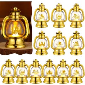 ROCEEI 12 Pcs Ramadan Eid Lantern Mini Gold Lanterns Decorative with LED Candles Small Eid Mubarak Lantern Decor Vintage Hanging Lantern Lights for Home Table Centerpiece Eid Mubarak Party Gift