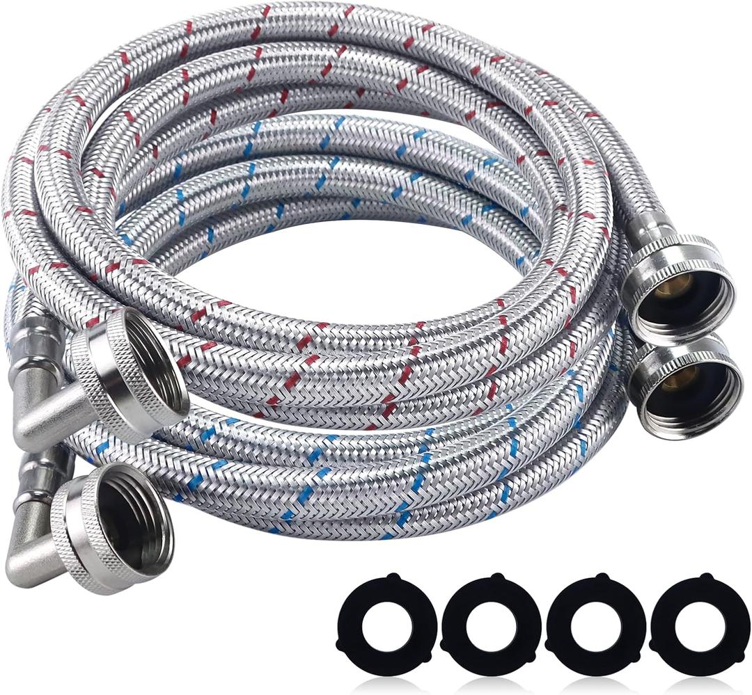 6FT Premium Stainless Steel Washer Hoses with 90 Degree Elbow No-lead Burst-Proof 3/4" NPT Connection Hot & Cold Water Inlet Supply Lines for Washer - 2 Pack by Fetechmate