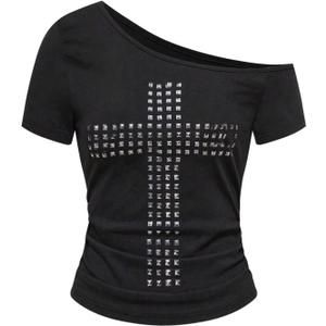 BEAUDRM Women's Y2k Cross Rivet T Shirt Grunge Punk Off The Shoulder Short Sleeve Going Out Tops Streetwear Medium