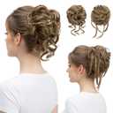 SARLA 2PCS Messy Bun Hair Pieces for Women Wavy Curly Synthetic Hairpieces for Updos with Tendrils Fake Scrunchies Ponytail Extension Brunette/Ash Blonde