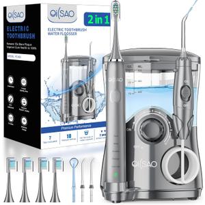 Electric Toothbrush with Water Flosser Combo: 600ML Large Water Tank & Ultrasonic Cleaning- Gum Care & Whitening- 5 Brush Modes & 10 Pressure Settings for Family Use, Gray