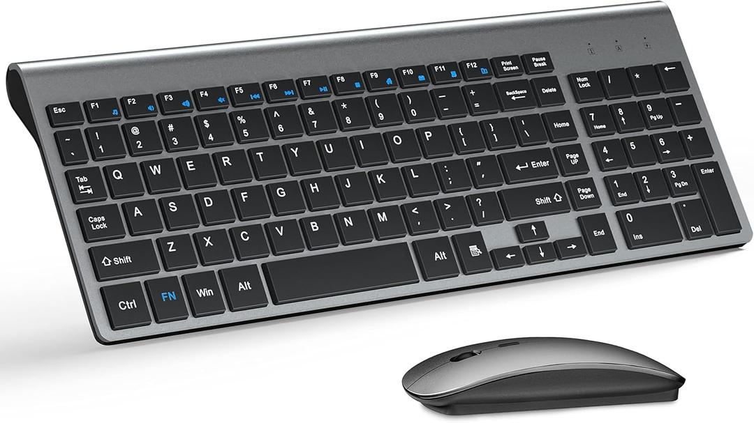 Wireless Keyboard and Mouse Ultra Slim Combo, TopMate 2.4G Silent Compact USB 2400DPI Mouse and Scissor Switch Keyboard Set with Cover, Batteries Included, for PC/Laptop/Windows/Mac - Gray Black