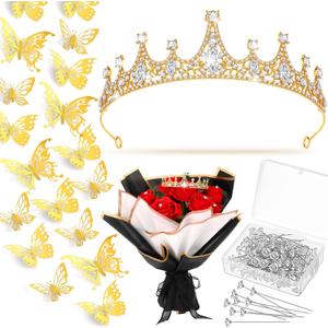 Yuxung 113 Pcs Flower Bouquet Accessories Include 5.5 x 2 Inch Headband Princess Elegant Crown for Women Girls Bouquet Pins and 3D Butterflies Decor for Flower Party Arrangements Wedding (Gold)