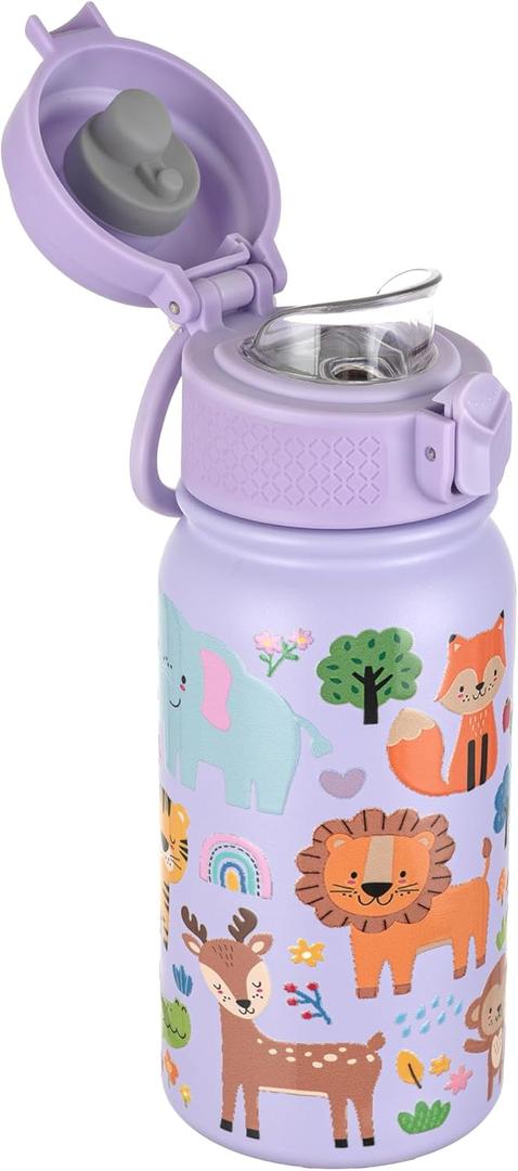 GOPPUS 12oz Kids Water Bottle  BPA-Free, Leak-Proof, Insulated Stainless Steel  Sweat-Proof, Reusable for School, Sports, and Outdoor Activities (Purple Zoo)