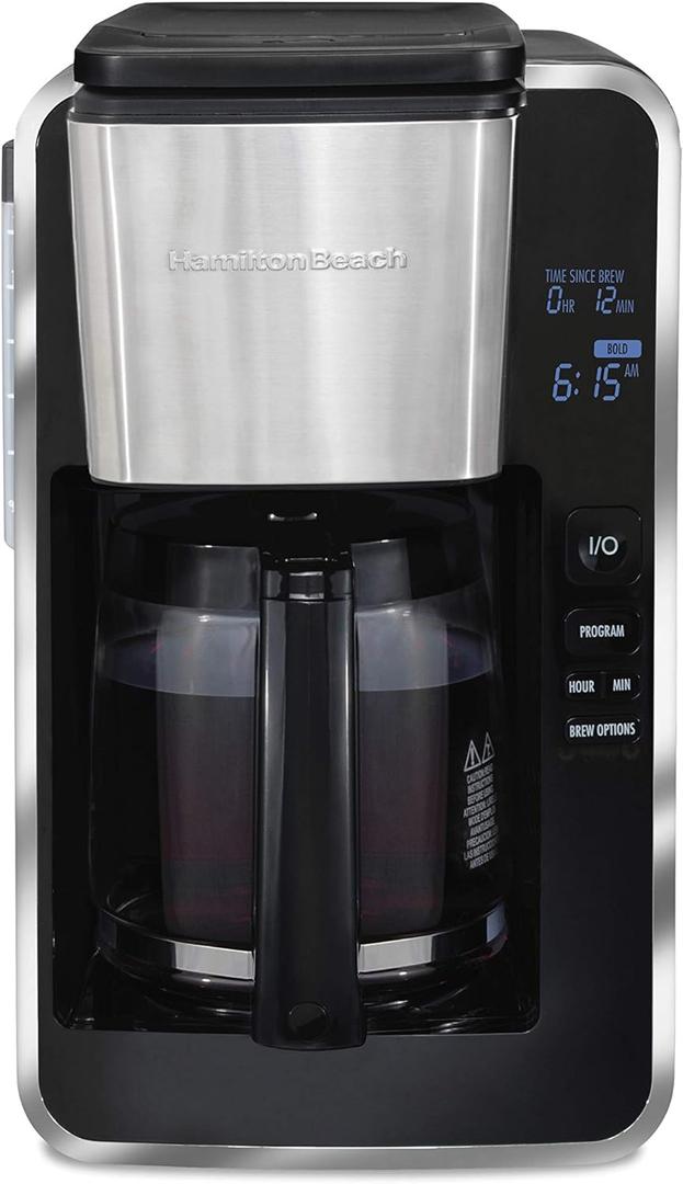 Hamilton Beach 12 Cup Programmable Front-Fill Drip Coffee Maker with Glass Carafe, Auto Shutoff, 3 Brew Options, Black with Stainless & Chrome Accents (46321)