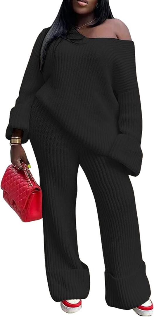 SHINFY Women's Sweater Set 2 Piece Fall Sets Chunky Knit Off the Shoulder Pullover Top Wide Leg Pants Loungewear (0-black)