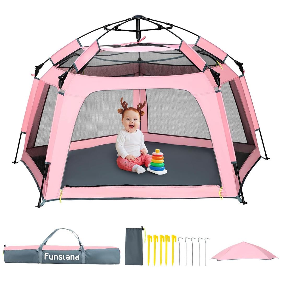 Baby Playpen Pop-up Tent - Outdoor & Indoor Play Tent for Beach with Canopy Travel Bag Portable Play Yard for Babies & Toddlers (Pink) (68.9 x 43.3 x 35.4 in)