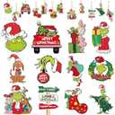 Griinch Ornaments for Christmas Tree Wood, Double-Sided Printing 24 Pcs Christmas Tree Decorations Hanging Ornaments for Tree Home Indoor Outdoor Decorations Pack Of 20
