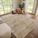 Washable 5x7 Area Rugs for Living Room, Boho Non-Slip Vintage Distress Rugs for Bedroom Dining Room Nursery Office, 0.3" Neutral Oriental Throw Thin Carpet with Cushioning Pad, Brown/White/Multi