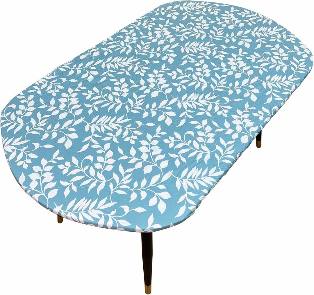 Oval Tablecloth Classic Elastic Edged Flannel Backed Vinyl Fitted Table Cloth Waterproof Oil-Proof Plastic Table Cover (Blue Leaves, Best for Up to 42" x 60")