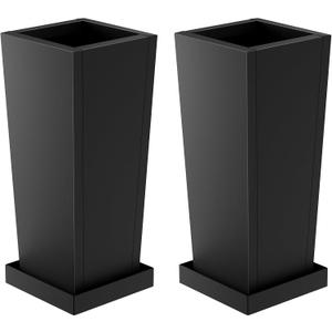Metal Tall Outdoor Planters Set of 2, 28 inch Durable Tall Planters with Rust-Proof Coating & Drainage Insert Shelve & Trays, Black Outdoor Planters for Porch, Garden, Patio, Yard