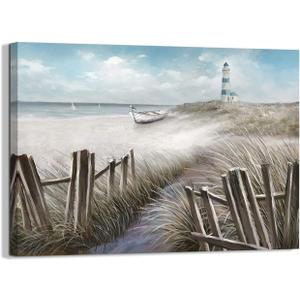LAIART Canvas Wall Art Ocean Seascape Blue Painting Prints Modern Lighthouse Pictures Framed for Bedroom Bathroom Living Room Home Office Decor(11"x15") (beach1)