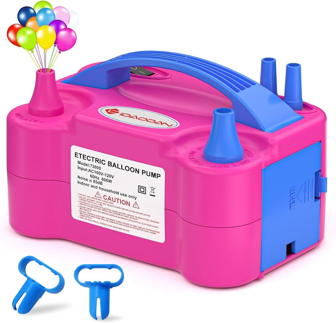 IDAODAN Electric Balloon Pump, Portable Electric Balloon Blower Machine Balloon Air Pump Dual Nozzle Rose Red 110V 600W Balloon Inflator for Party Decorations (Red Blue)