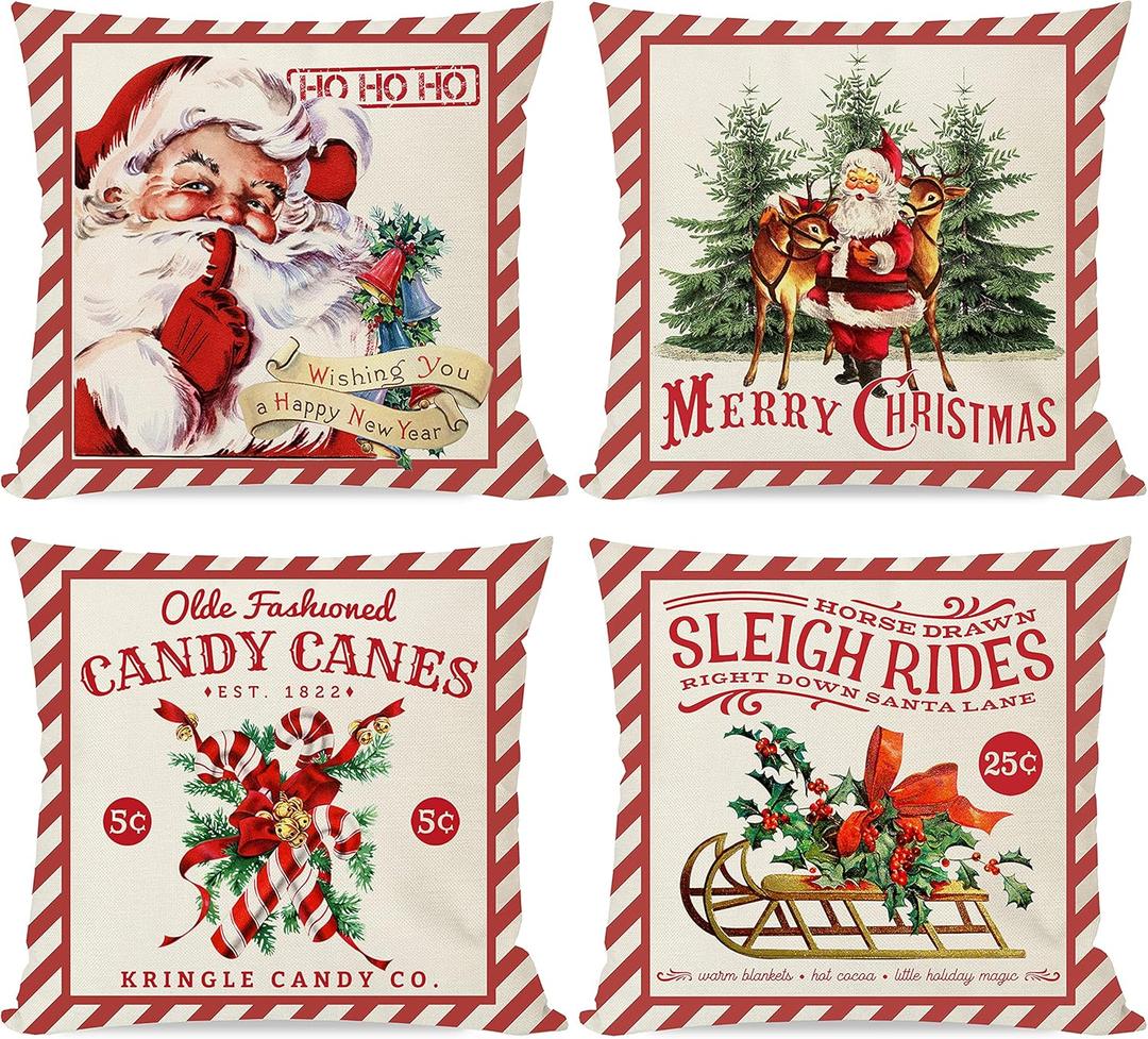 PANDICORN Vintage Christmas Pillow Covers 16x16 Set of 4 for Christmas Decorations, Red Christmas Santa Trees Candy Cane Sleigh Rides Reindeer Rustic Country Holiday Decor Throw Pillows Cases