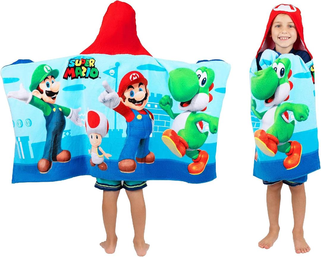 Super Mario Bath/Pool/Beach Soft Cotton Terry Hooded Towel Wrap, 24 in x 50 in, By Franco Kids