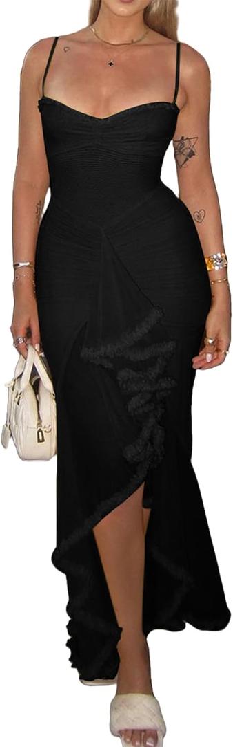 NRTHYE Women Elegant Irregular Ruffles Hem Maxi Dress Mesh Ruched Sleeveless Backless Pleated Long Party Club Dresses, Size M