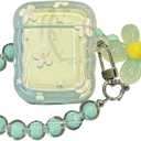 Cute Girly Strap Case for Airpods 4, Woman Kawaii Soft Protective Cover for Airpods 4th Generation with Lovely Keychain Lanyards Aesthetic Design, Curly Wave Green Flowers