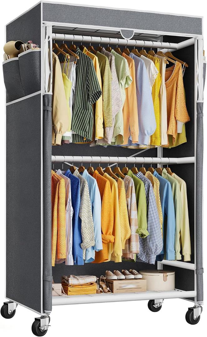 Raybee Rolling Clothes Rack with Cover, Heavy Duty Clothing Rack with Wheels, 120+ Garments Storage, Freestanding Portable Closet for Bedroom Dorm Apartment, Easy Assembly, Space Saving, White