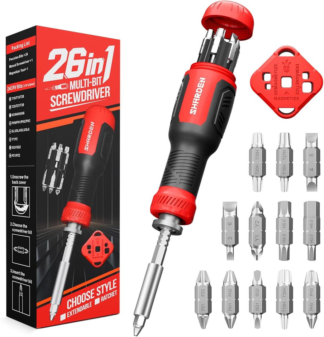 SHARDEN Multi Screwdriver 26 in 1 Screw Driver Set All in One Telescoping Multi Tool with 12 Double Ended CRV Bits Phillips Slotted Torx Hex Portable Repair Kit for Home Furniture Bike Computer